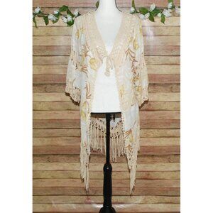 Kontrol Cream Cover Up Cardigan Size L Crochet Trim & Fringe Palm Print Beach